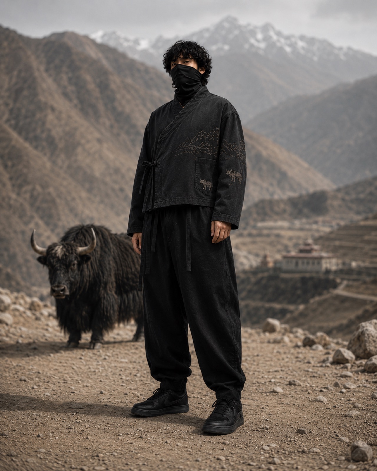 Achala worn on a high mountain trail beside a yak
